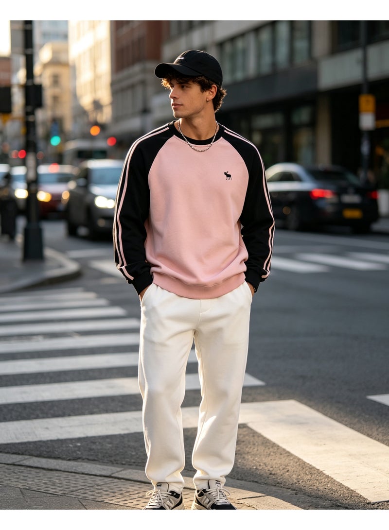 Abercrombie & Fitch Men's & Women's Raglan Sleeve Crew Neck Sweatshirt, Casual Striped Long Sleeve Pullover, Daily Streetwear Top, Black & Pink - Image 5