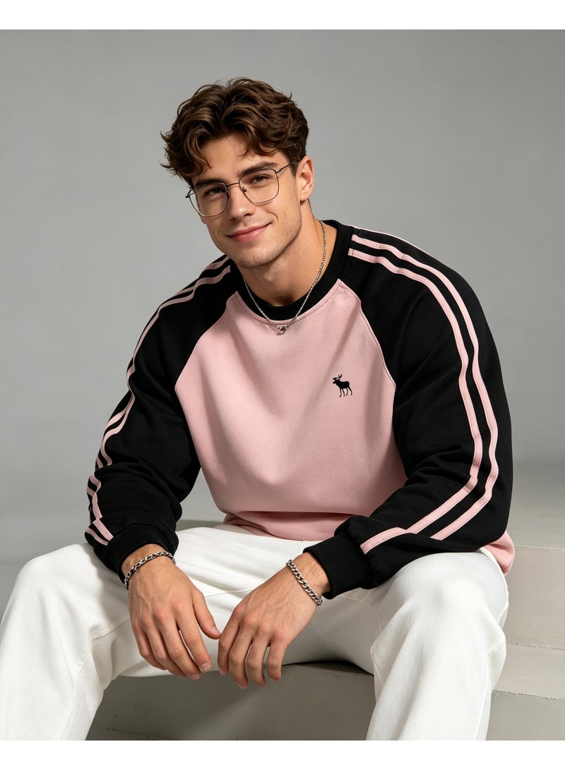 Abercrombie & Fitch Men's & Women's Raglan Sleeve Crew Neck Sweatshirt, Casual Striped Long Sleeve Pullover, Daily Streetwear Top, Black & Pink - Image 1