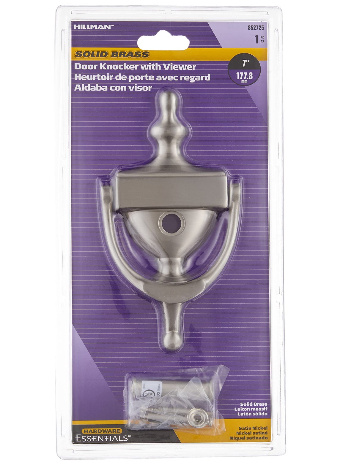Hillman Hillman 852725 Satin Door Knocker, 7", Nickel with Viewer  - Image 1
