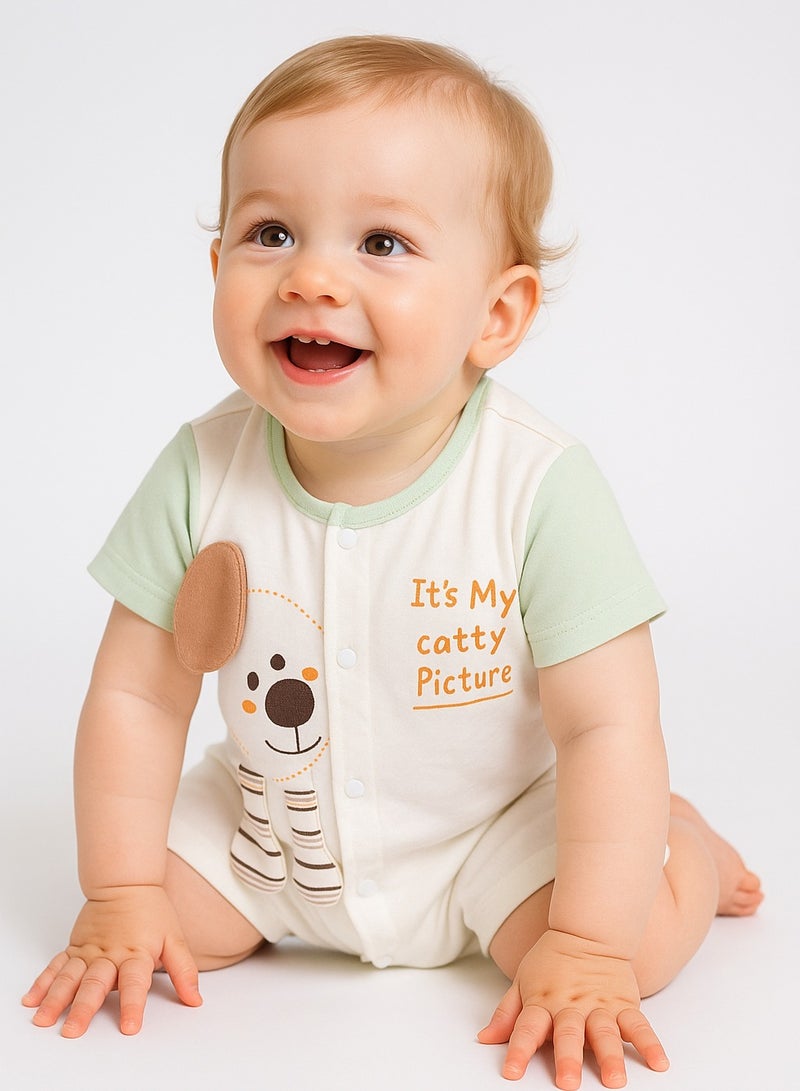 Baby Romper - Short Sleeve Cotton Bodysuit with 3D Puppy Ears, Front Snap Closure, Ultra-Light - For 6-24 Months  - Image 1