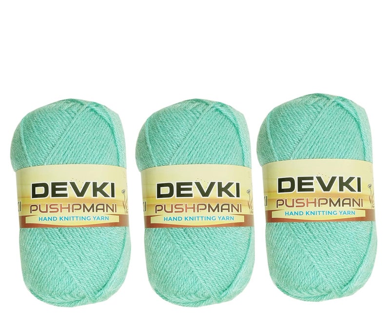 DEVKI DEVKI PUSHPMANI Hand Knitting Yarn Crochet YarnWool for Sweater Socks CAPS ETC Pack of 3 Balls SEA Green Color Each BALL100 gm SHADEDP69300