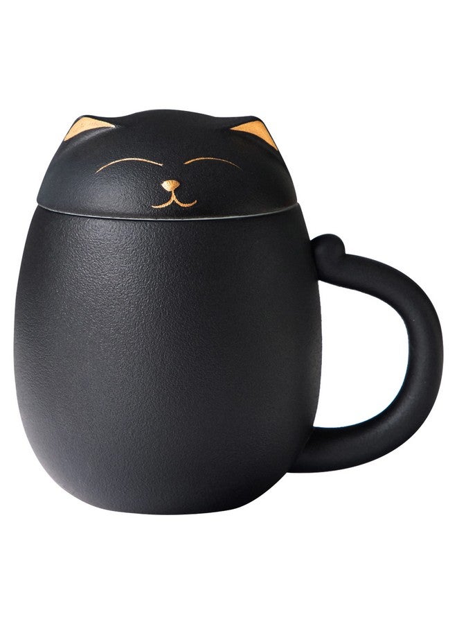 Heer HEER Ceramic Tea Mug with Infuser and Lid, Cute Cat Tea Cup with Filter for Steeping Loose Leaf, Chinese Handmade Porcelain Teacup for Home Office. (Black)  - Image 1