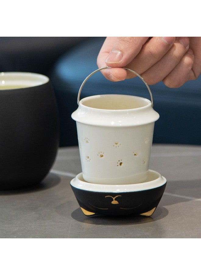 Heer HEER Ceramic Tea Mug with Infuser and Lid, Cute Cat Tea Cup with Filter for Steeping Loose Leaf, Chinese Handmade Porcelain Teacup for Home Office. (Black)  - Image 5