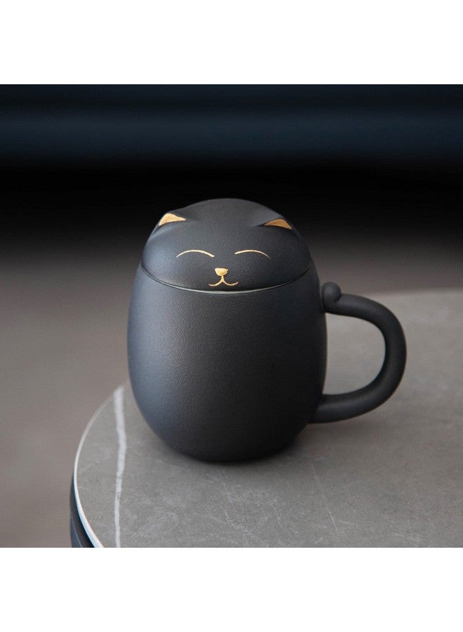 Heer HEER Ceramic Tea Mug with Infuser and Lid, Cute Cat Tea Cup with Filter for Steeping Loose Leaf, Chinese Handmade Porcelain Teacup for Home Office. (Black)  - Image 2