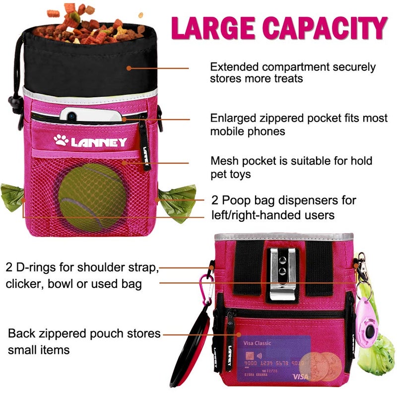 LANNEY Dog Treat Pouch Pet Training Bag for Small to Large Dogs, Treat Tote Carry Kibble Snacks Toys for Training Reward Walking, Metal Clip, Waist belt, Shoulder Strap, Poop Bag Dispenser and Clicker - Image 4