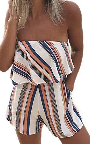 ECOWISH Women Off Shoulder Romper Strapless Floral Print Striped Beach Shorts Jumpsuit X-Large Orange - Image 5