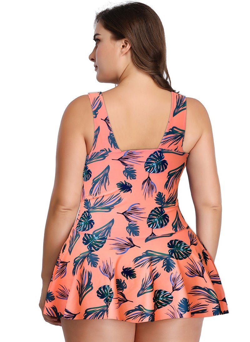 Womens Printed 2 Peice Set Swimsuits Tummy Control V-Neck Wide Straps Swim Dress And Boxer Brief Swimwear Bathing Suits Orange Mix  - Image 3