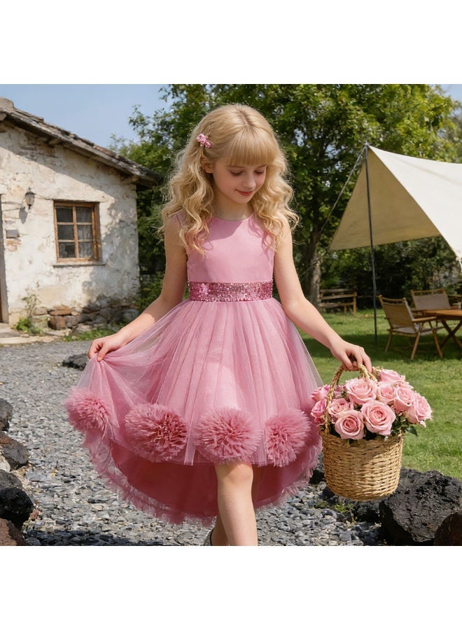Sleeveless Sequined Waist Flower Girl Princess Dress, High Low Tulle Pageant Gown with 3D Floral Pom Poms & Big Back Bow, Zipper Kids Formal Catwalk Wedding Evening Party Dress for Girls - Image 1