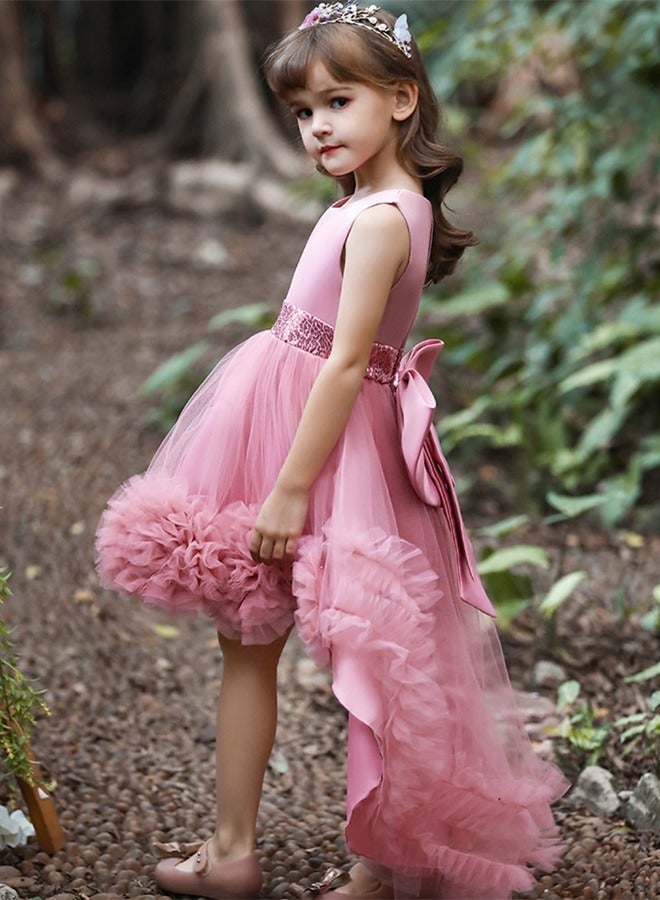 Sleeveless Sequined Waist Flower Girl Princess Dress, High Low Tulle Pageant Gown with 3D Floral Pom Poms & Big Back Bow, Zipper Kids Formal Catwalk Wedding Evening Party Dress for Girls - Image 4