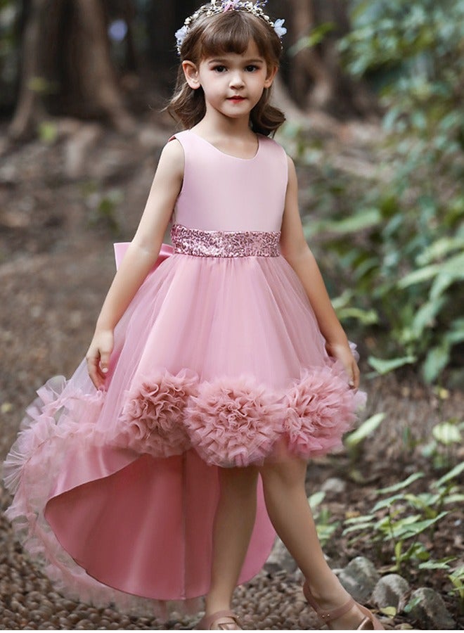 Sleeveless Sequined Waist Flower Girl Princess Dress, High Low Tulle Pageant Gown with 3D Floral Pom Poms & Big Back Bow, Zipper Kids Formal Catwalk Wedding Evening Party Dress for Girls - Image 2