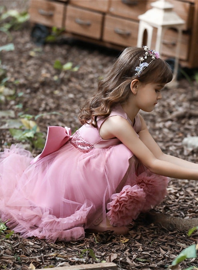 Sleeveless Sequined Waist Flower Girl Princess Dress, High Low Tulle Pageant Gown with 3D Floral Pom Poms & Big Back Bow, Zipper Kids Formal Catwalk Wedding Evening Party Dress for Girls - Image 5