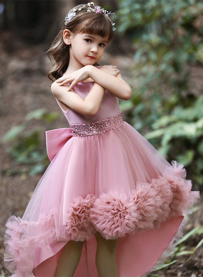 Sleeveless Sequined Waist Flower Girl Princess Dress, High Low Tulle Pageant Gown with 3D Floral Pom Poms & Big Back Bow, Zipper Kids Formal Catwalk Wedding Evening Party Dress for Girls - Image 3