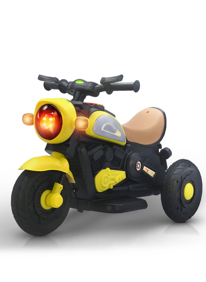بيبي دراجة كهربائية للأطفال، دراجة أطفال مزودة بإضاءة LED وموسيقى ومُسرّع للقدمين | دراجة أطفال تعمل بالبطارية | دراجة أطفال تعمل بالبطارية للأولاد والبنات من سنة إلى أربع سنوات، لون أصفر - Image 1