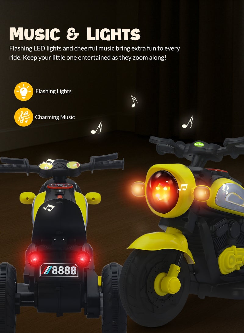 بيبي دراجة كهربائية للأطفال، دراجة أطفال مزودة بإضاءة LED وموسيقى ومُسرّع للقدمين | دراجة أطفال تعمل بالبطارية | دراجة أطفال تعمل بالبطارية للأولاد والبنات من سنة إلى أربع سنوات، لون أصفر - Image 4
