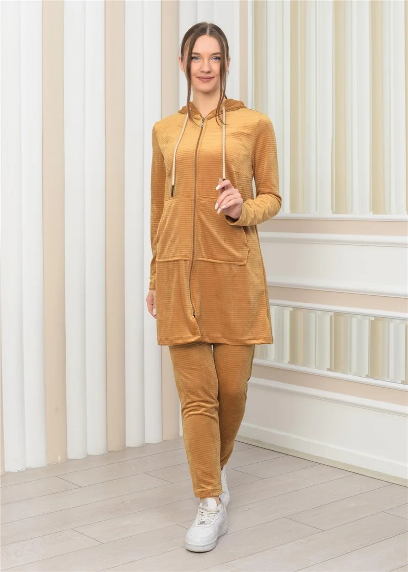 Nuseel Women's Hooded Zippered Tunic Trousers Two Piece Set Tan