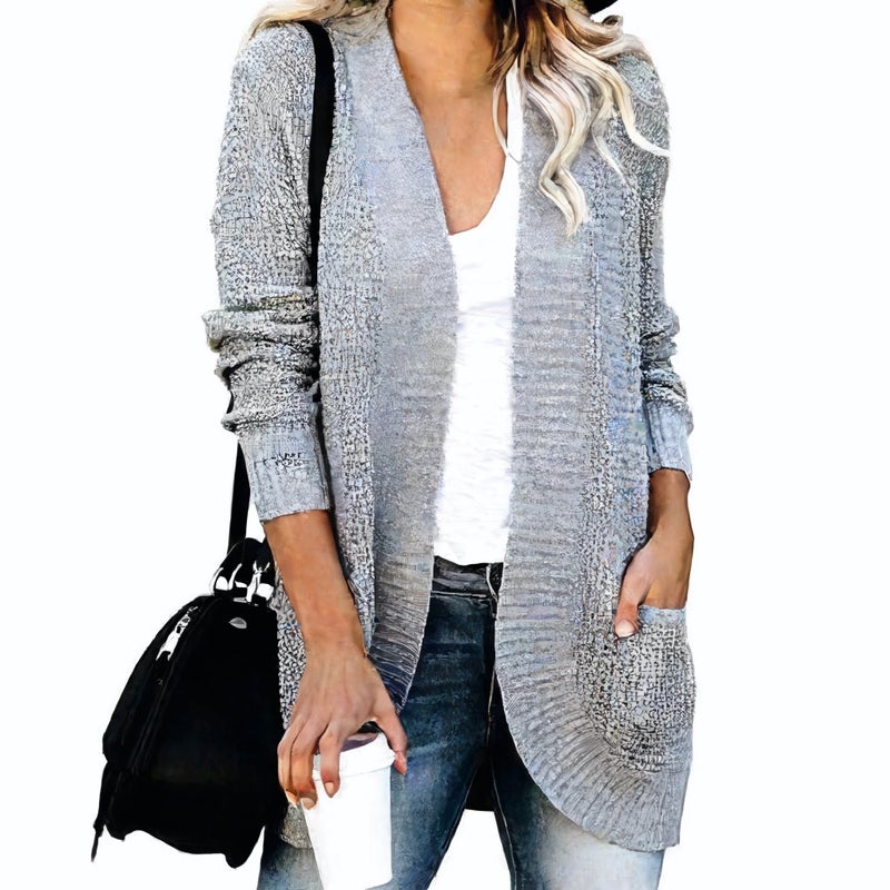 Women's Open Front Cardigan Sweater with Curved Hem and Large Pockets - Image 2