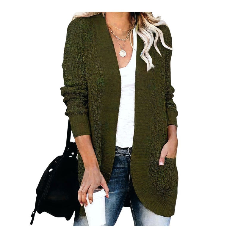 Women's Open Front Cardigan Sweater with Curved Hem and Large Pockets - Image 1