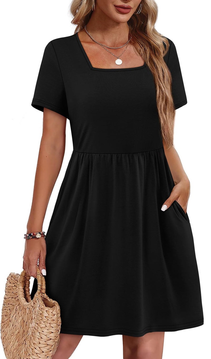 OFEEFAN Womens Dresses Black Dresses for Women 2026 Elegant Classy Summer Dresses Spring Outfits Fashion Clothing Square Neck Sundress Beach Vacation Clothes Casual Short Sleeve T Shirt Dress S - Image 2