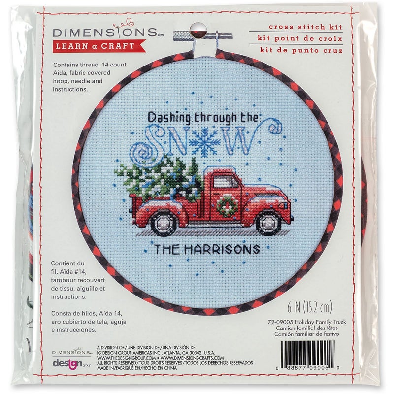 Dimensions 7209005 Holiday Family Truck Christmas Counted Cross Stitch Kit for Beginners 6 D 14 Cnt White Aida 5pcs