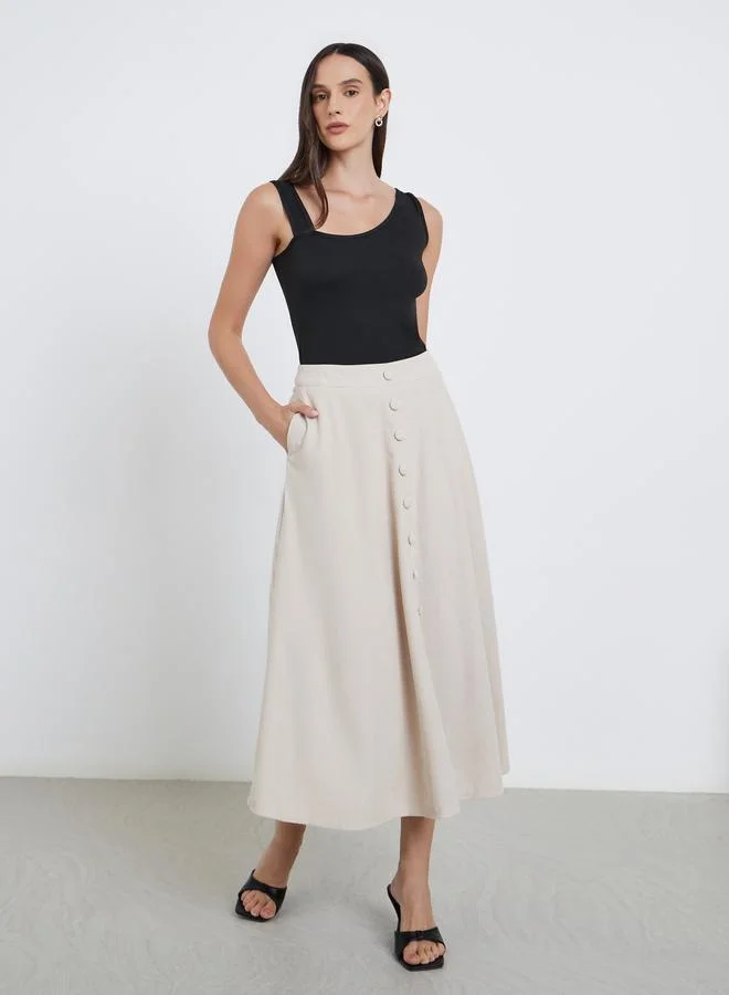 Styli Buttoned Down A-Line Midi Skirt with Pockets