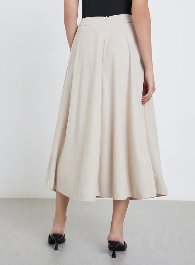 Styli Cream Styli Buttoned Down A-Line Midi Skirt with Pockets for Women | Best Price UAE