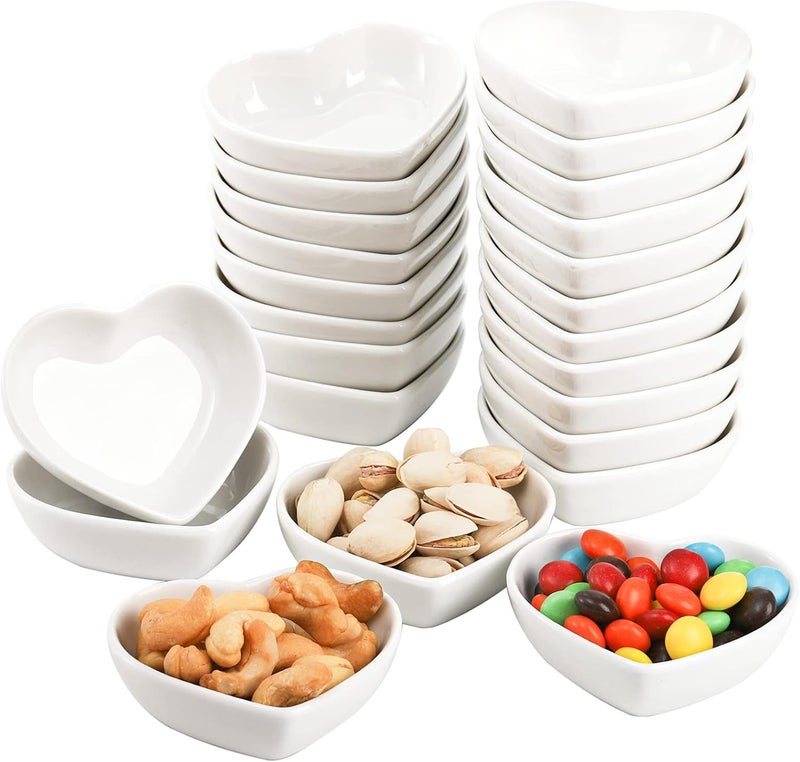 WUWEOT 24 Pack Porcelain Sauce Dish White Heartshaped Dip Bowls 15Oz Ceramic Ring Dishes Candle Tray Seasoning Dishes Appetizer Plates - Image 1