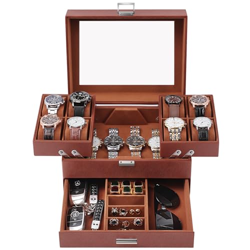 Dajasan Watch Box, Watch Case for Men, 8 Slot Watch Display Case, Large Watch Holder Organizer for Men Women Boys Husband Dad, PU Leather (Brown) - Image 1