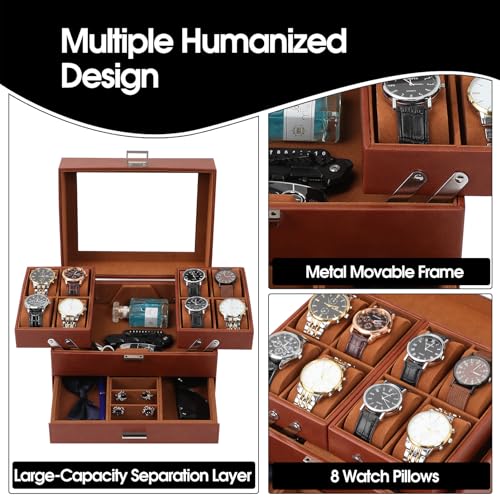 Dajasan Watch Box, Watch Case for Men, 8 Slot Watch Display Case, Large Watch Holder Organizer for Men Women Boys Husband Dad, PU Leather (Brown) - Image 4