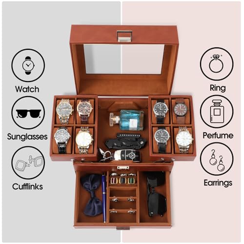 Dajasan Watch Box, Watch Case for Men, 8 Slot Watch Display Case, Large Watch Holder Organizer for Men Women Boys Husband Dad, PU Leather (Brown) - Image 3