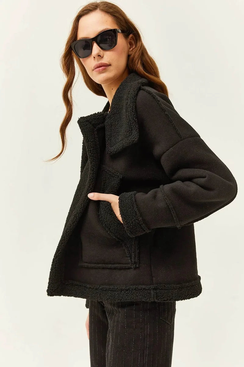 Tena Women's Black Stand Collar Furry Inside Sleeve and Pocket Fold Coat