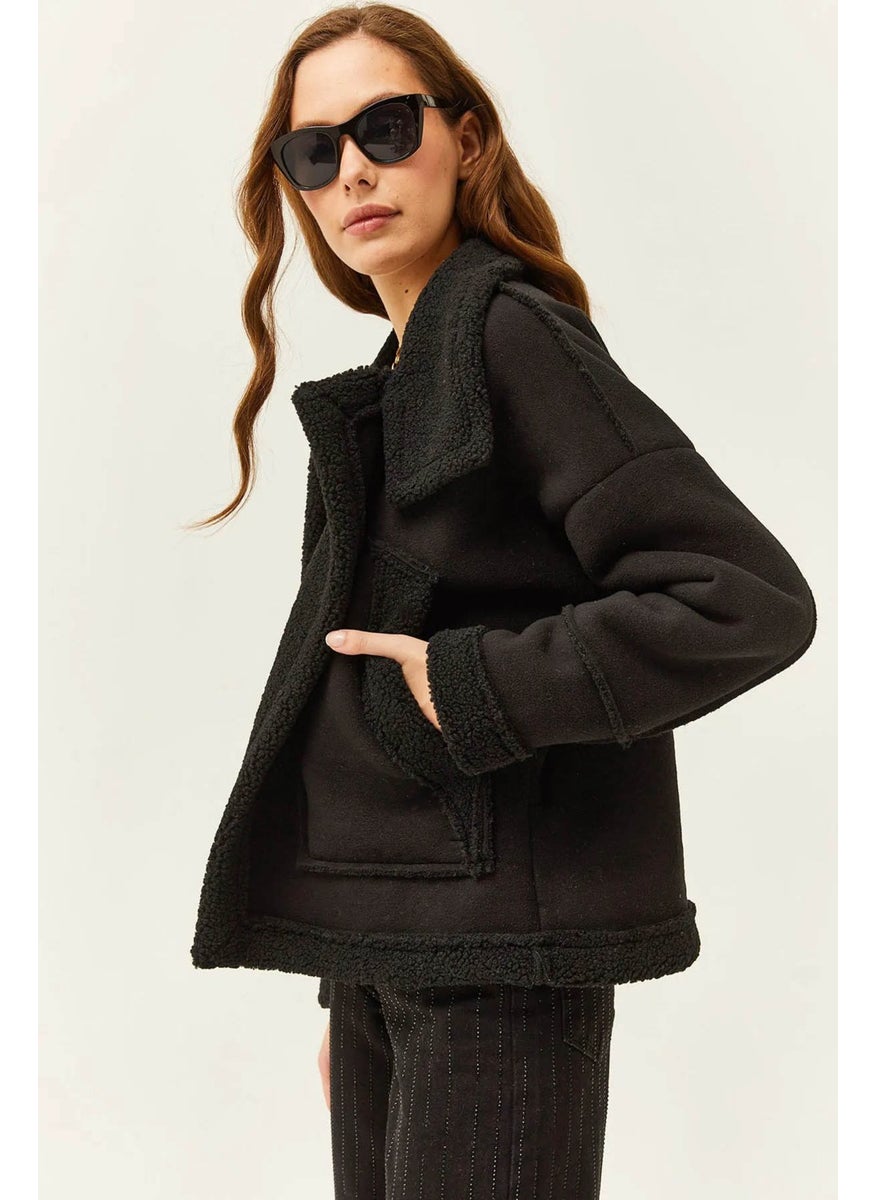 Tena Women's Black Stand Collar Furry Inside Sleeve and Pocket Fold Coat  - Image 1