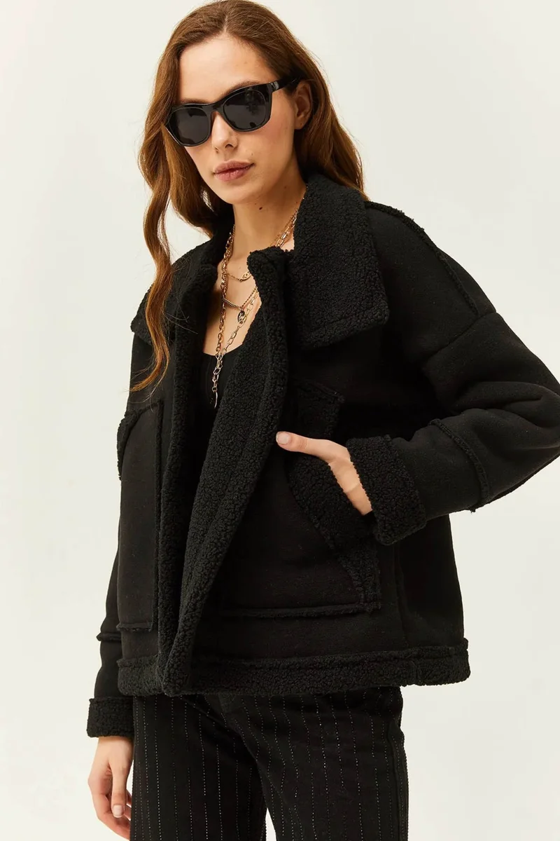 Tena Women's Black Stand Collar Furry Inside Sleeve and Pocket Fold Coat
