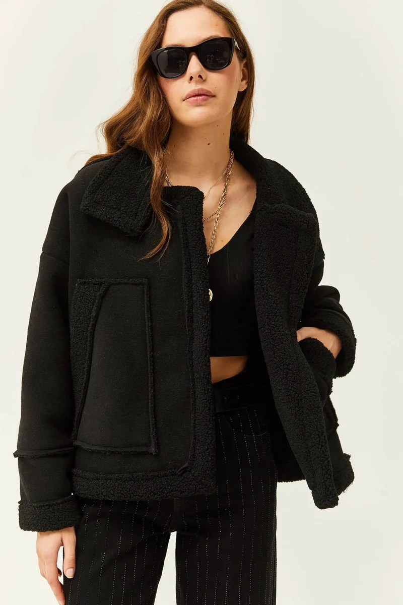 Tena Women's Black Stand Collar Furry Inside Sleeve and Pocket Fold Coat