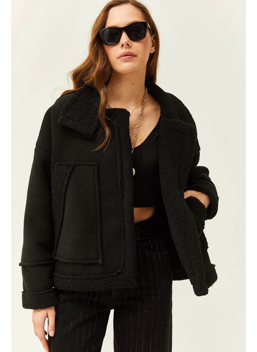 Tena Women's Black Stand Collar Furry Inside Sleeve and Pocket Fold Coat  - Image 4