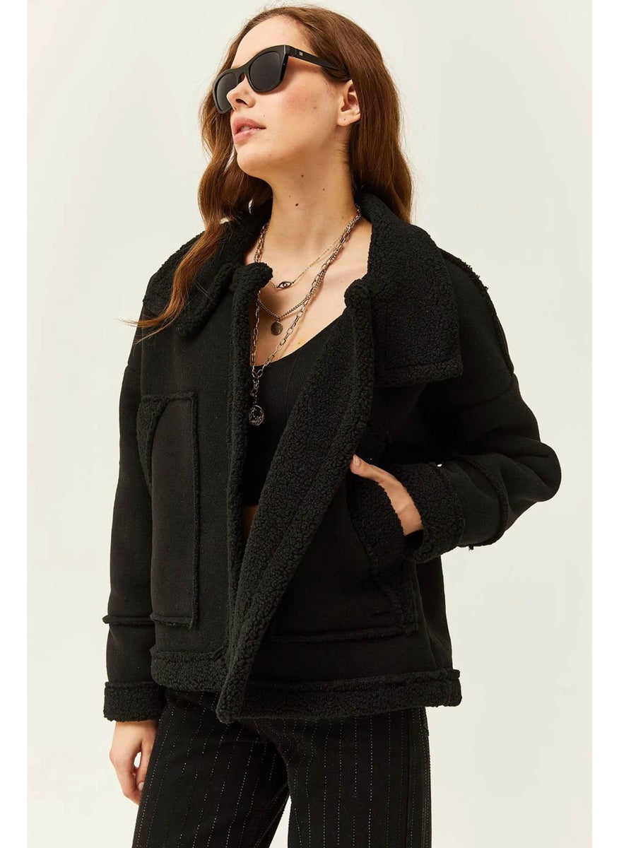 Tena Women's Black Stand Collar Furry Inside Sleeve and Pocket Fold Coat  - Image 3