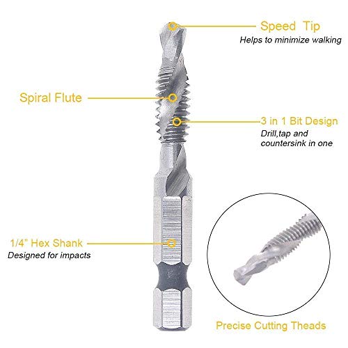 AUTOTOOLHOME 6 Pack Combination Drill and Tap Bit Set 6-32nc 8-32nc 10-32nc 10-24nc 12-24nc 1/4-20nc Screw Tap Drill Bits for Drilling Tapping Countersinking - Image 2