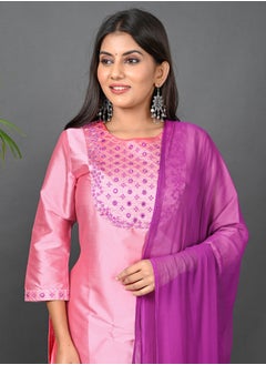 Riara Riara Embroidery Women Kurta With Pant And Dupatta Pink Round Neck S  - Image 3
