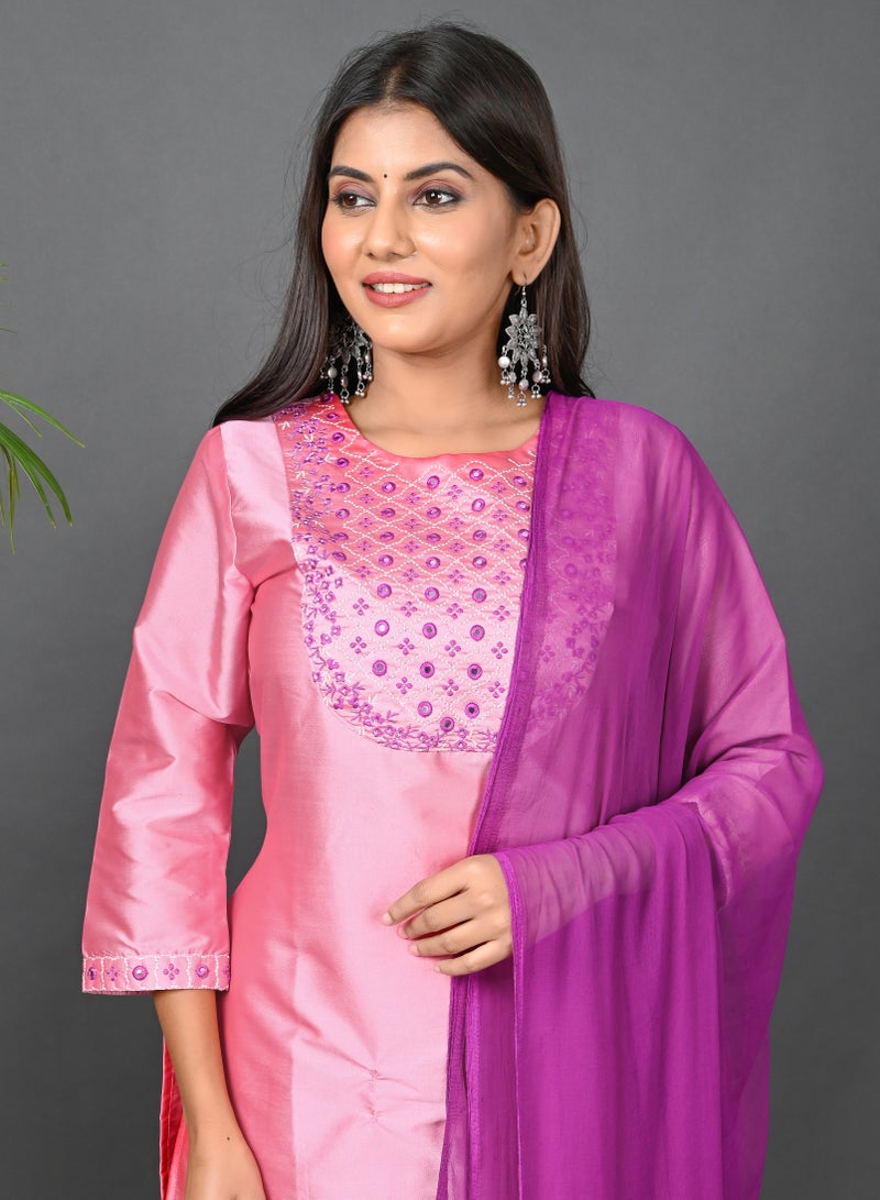 Riara Riara Embroidery Women Kurta With Pant And Dupatta Pink Round Neck S  - Image 3
