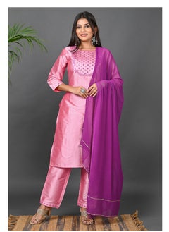 Riara Riara Embroidery Women Kurta With Pant And Dupatta Pink Round Neck S  - Image 1