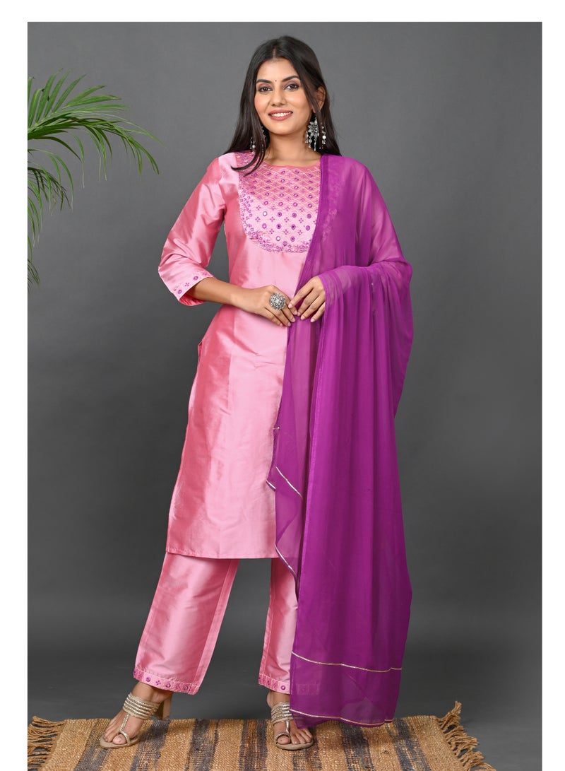 Riara Riara Embroidery Women Kurta With Pant And Dupatta Pink Round Neck S  - Image 1