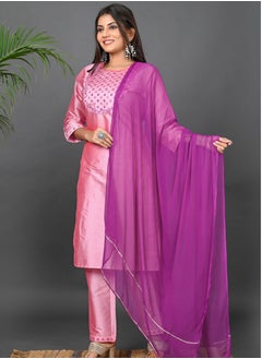 Riara Riara Embroidery Women Kurta With Pant And Dupatta Pink Round Neck S  - Image 2