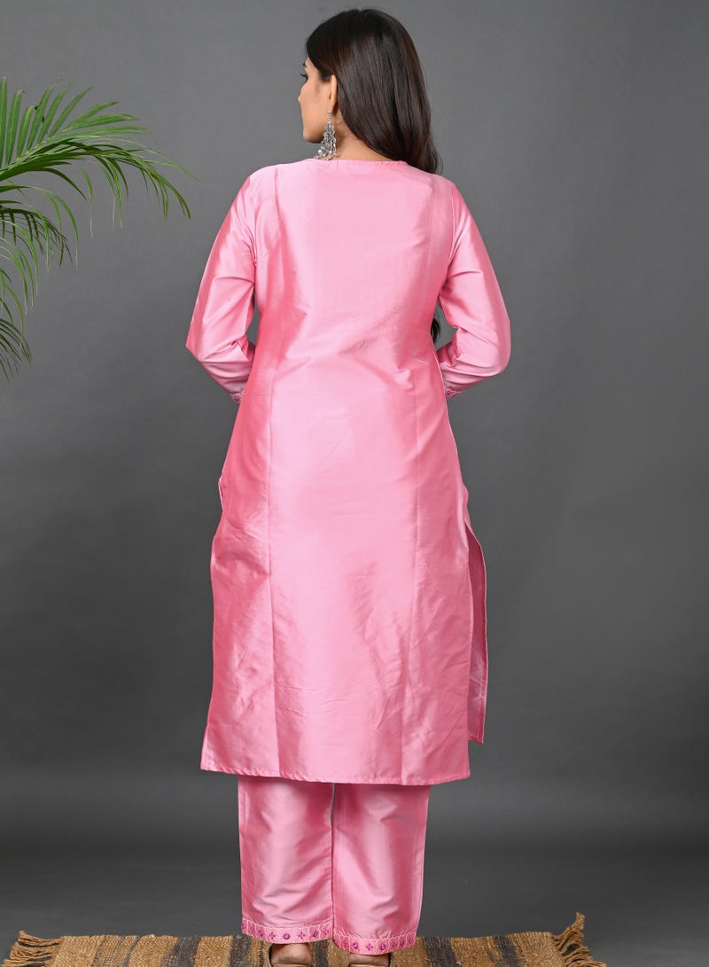 Riara Riara Embroidery Women Kurta With Pant And Dupatta Pink Round Neck S  - Image 4