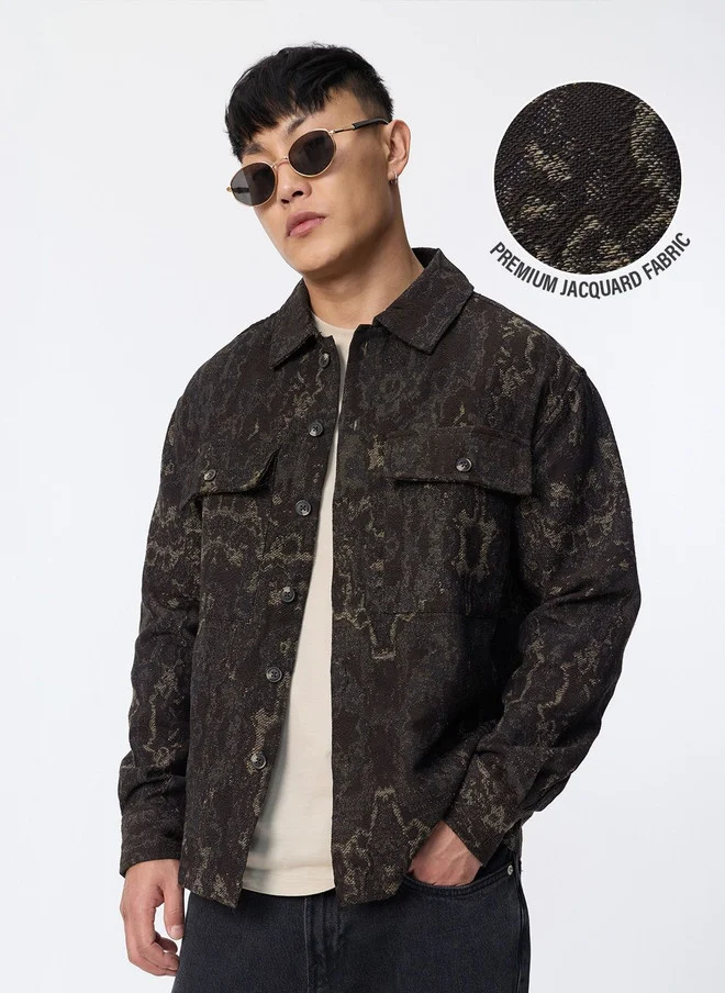 ذا سوليد ستور The Souled Store Brown & Beige Self Design Spread Collar Shacket