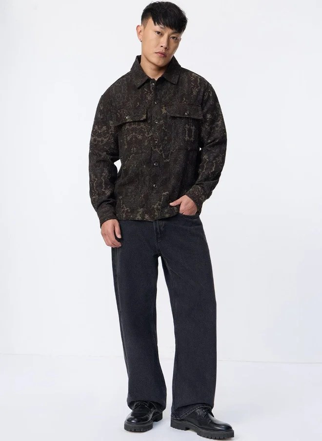 ذا سوليد ستور The Souled Store Brown & Beige Self Design Spread Collar Shacket