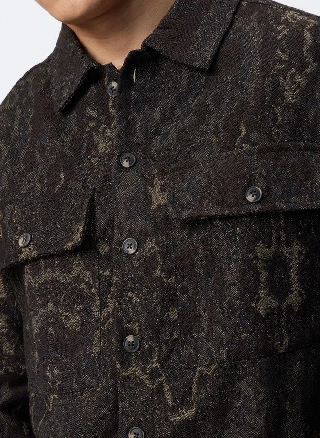 The Souled Store  The Souled Store Brown & Beige Self Design Spread Collar Shacket  | Best Price UAE