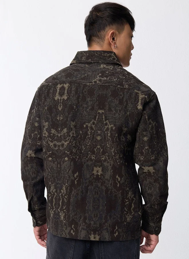 The Souled Store  The Souled Store Brown & Beige Self Design Spread Collar Shacket  | Best Price UAE
