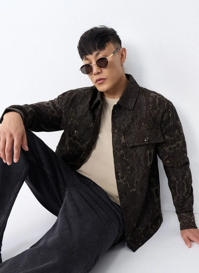The Souled Store  The Souled Store Brown & Beige Self Design Spread Collar Shacket  | Best Price UAE