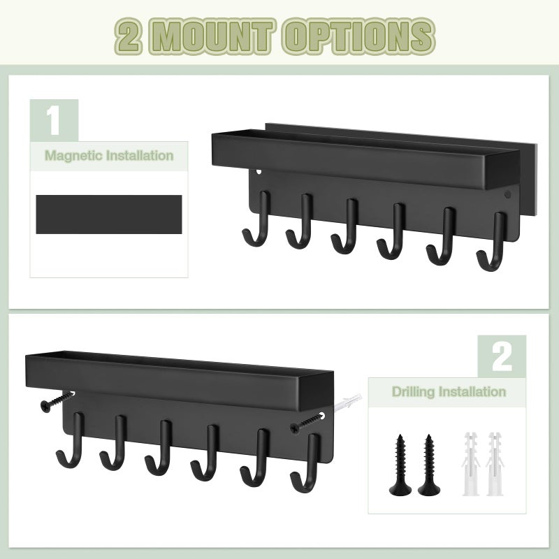 VIS'V Magnetic Key Holder Wall Mount, Compact Metal Key Rack with Tray, 6 Hooks, 2 Mount Options, Black - Image 2