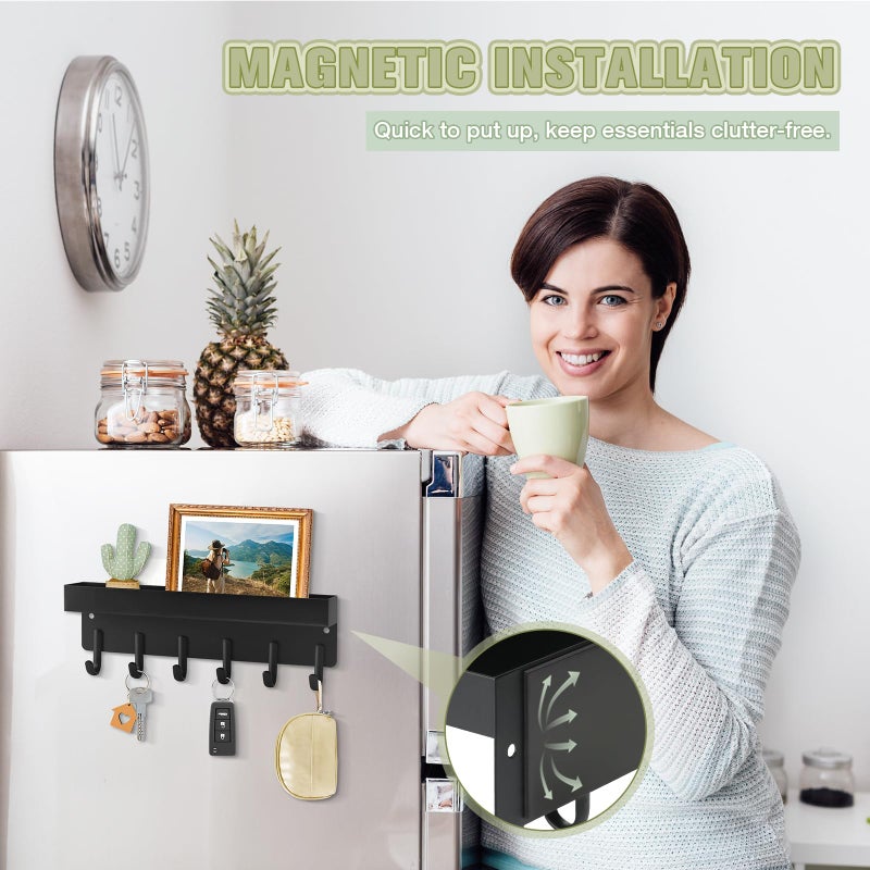 VIS'V Magnetic Key Holder Wall Mount, Compact Metal Key Rack with Tray, 6 Hooks, 2 Mount Options, Black - Image 3