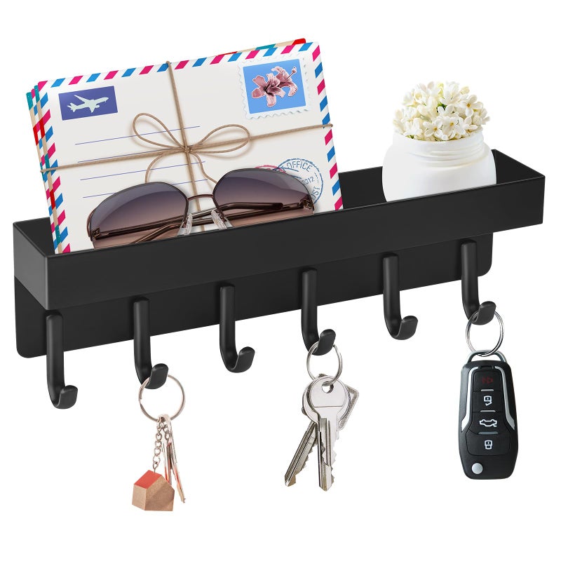 VIS'V Magnetic Key Holder Wall Mount, Compact Metal Key Rack with Tray, 6 Hooks, 2 Mount Options, Black - Image 1